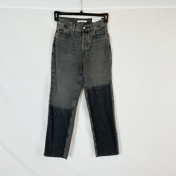 PacSun Jeans High Rise Straight Black Two-Toned Raw Hem Button Fly 24 - Picture 1 of 6